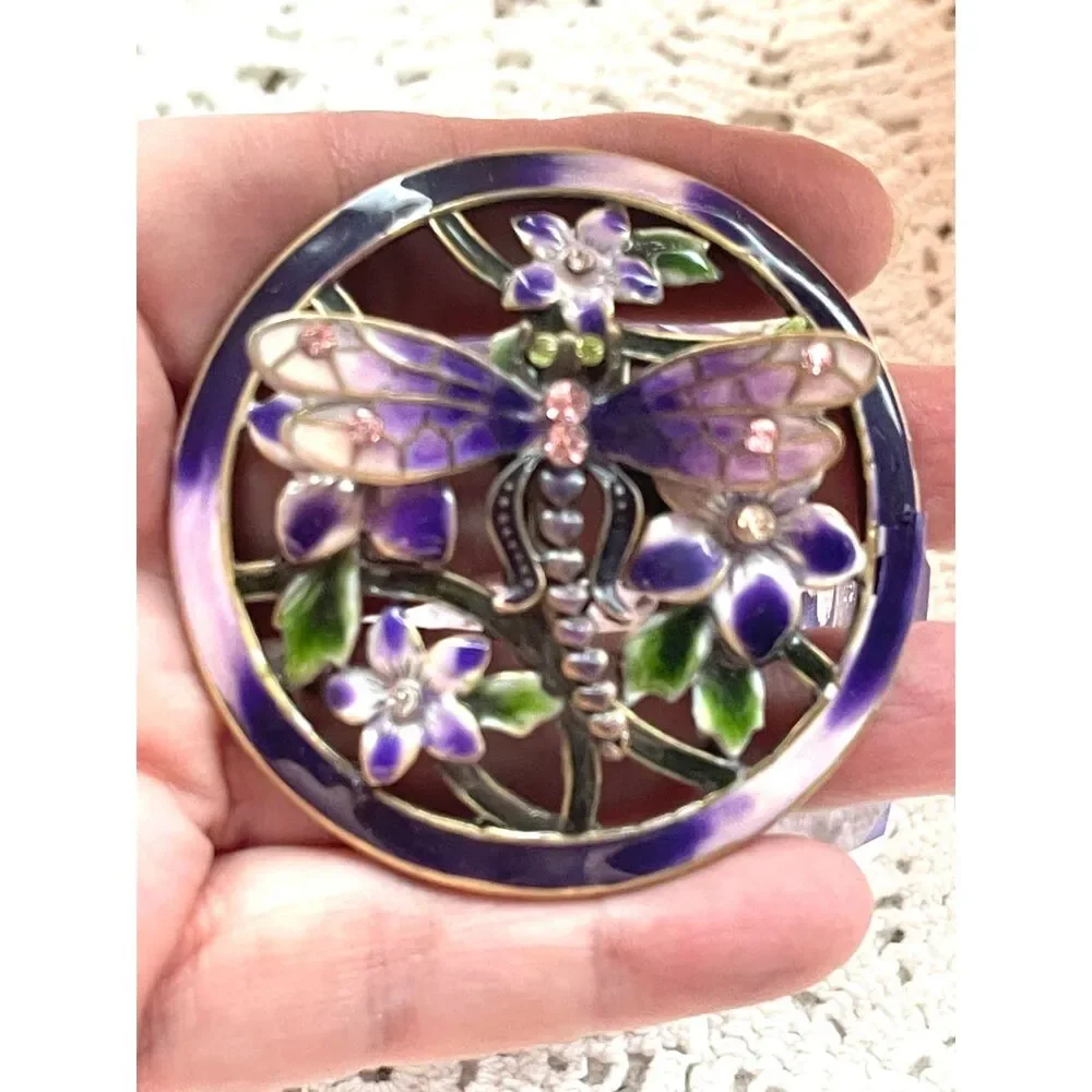 Vintage Y2K Iridescent Glass Enamel & Crystal Dragonfly Floral Purple Octagon Tr